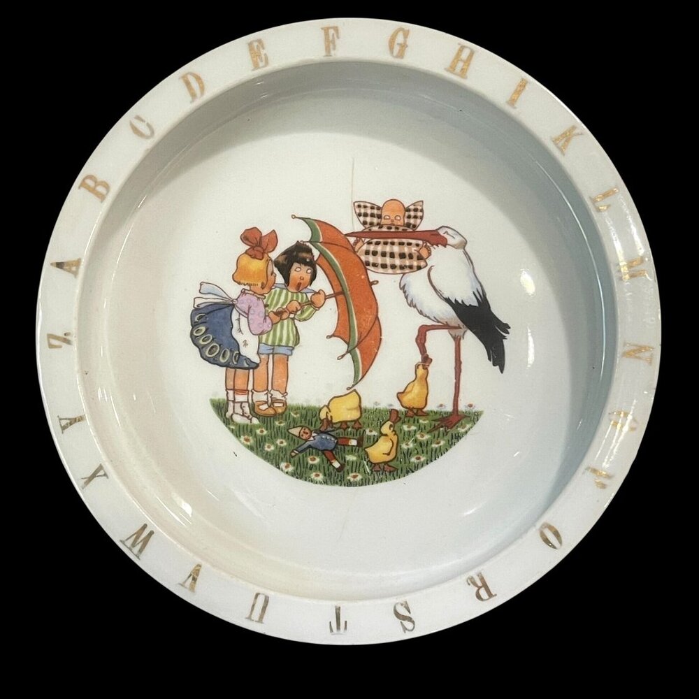 Vintage German Alphabet Rim Ceramic Baby Plate – Stork & Children Illustration